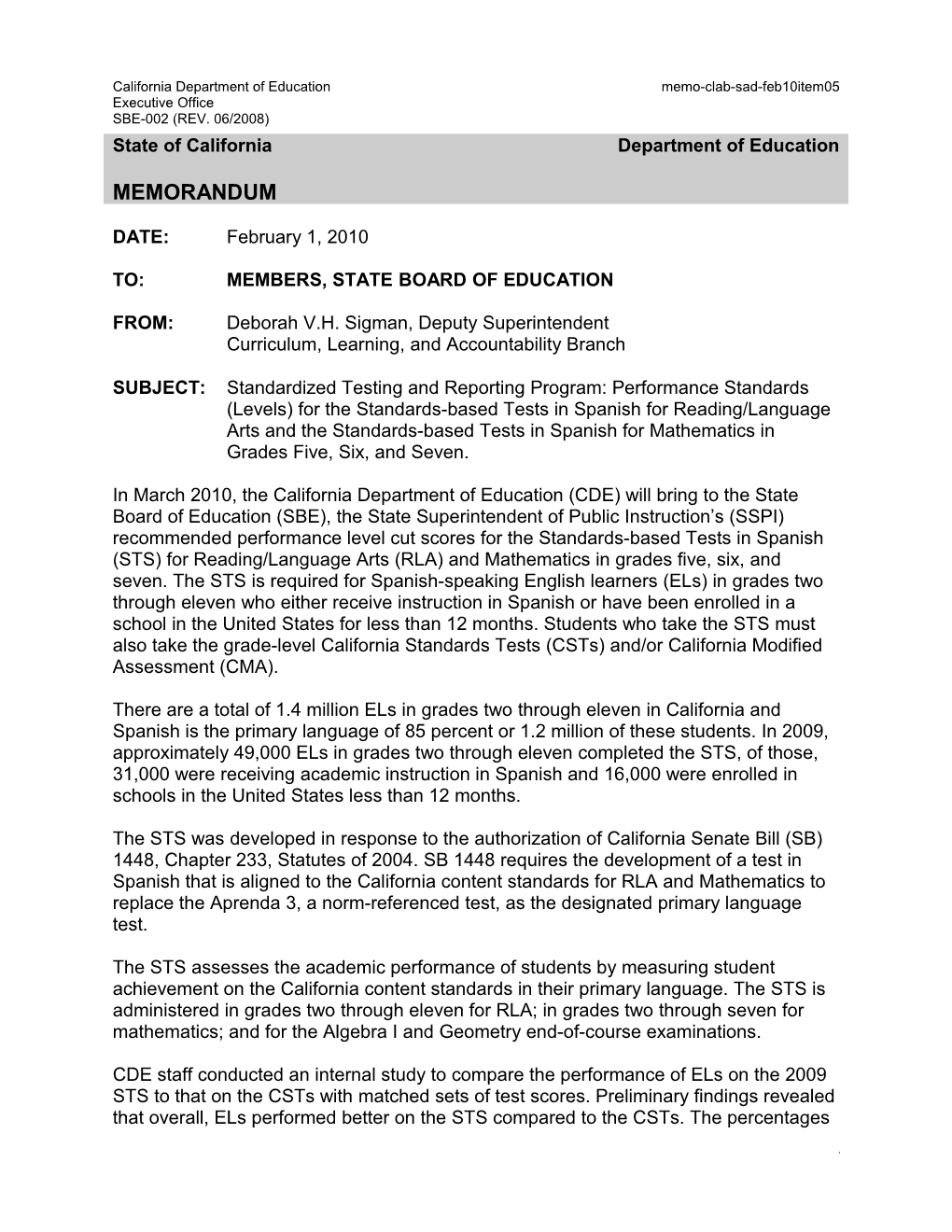 February 2010 CLAB Item 05 - Information Memorandum (CA State Board of Education)