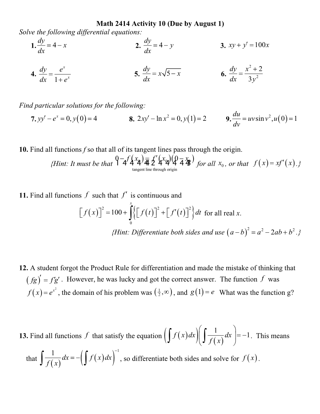 Math 2414 Activity 10(Due by August 1)