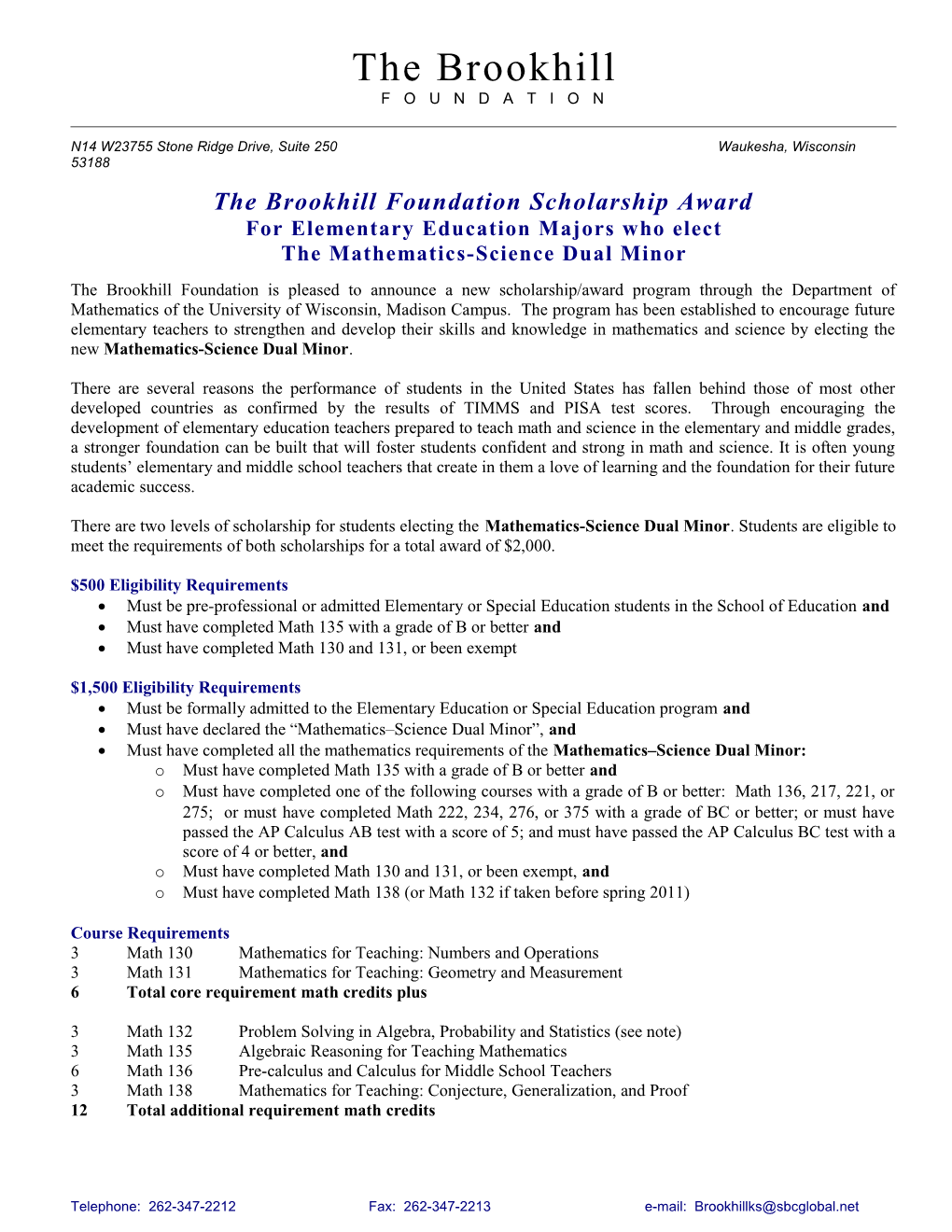 The Brookhill Foundation Scholarship Award