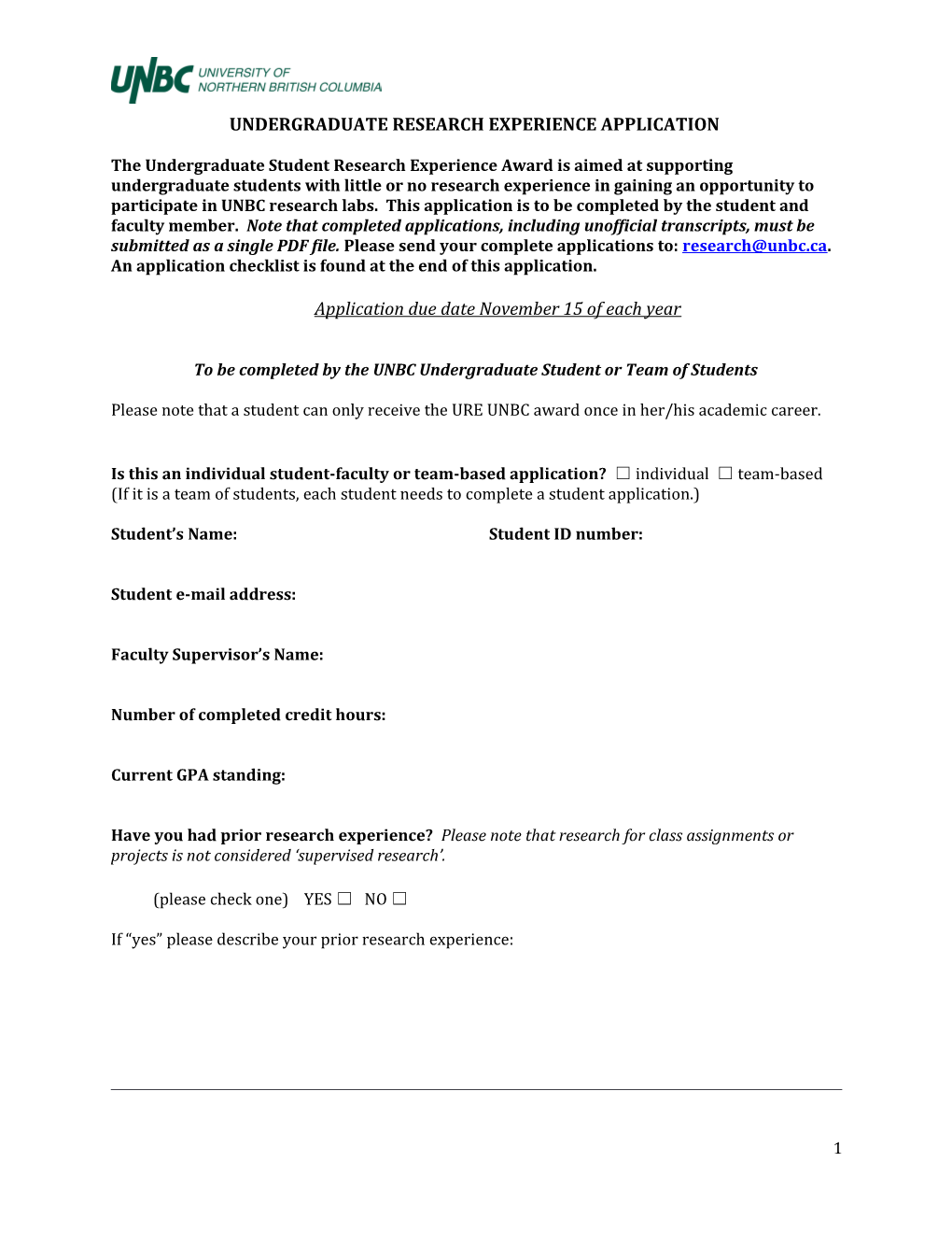 Undergraduate Research Experience Application