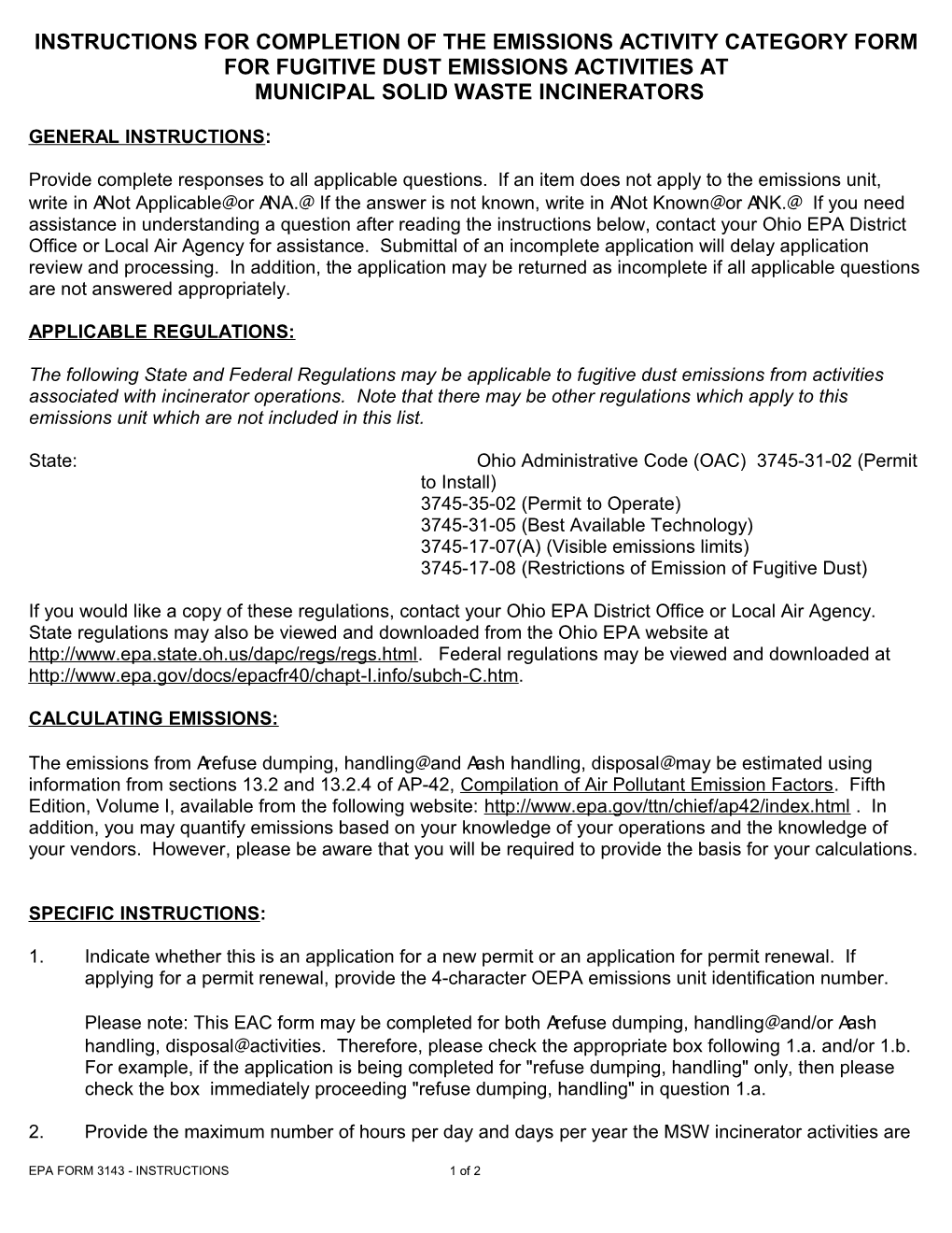 Instructions for Completion of the Emissions Activity Category Form for Fugitive Dust Emissions