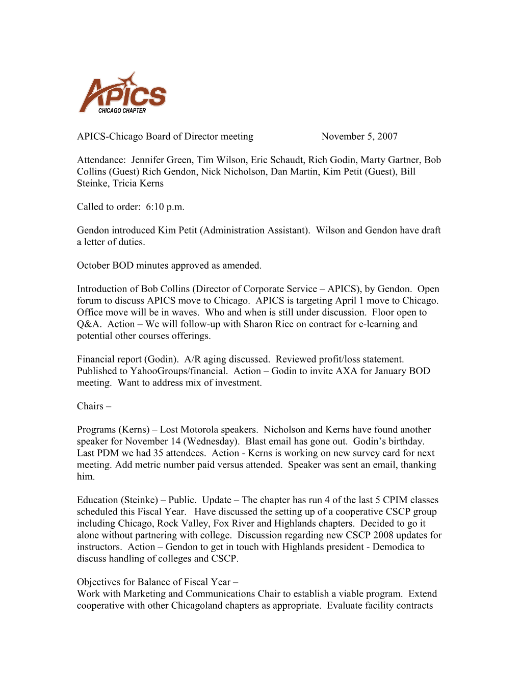 APICS-Chicago BOD Meeting