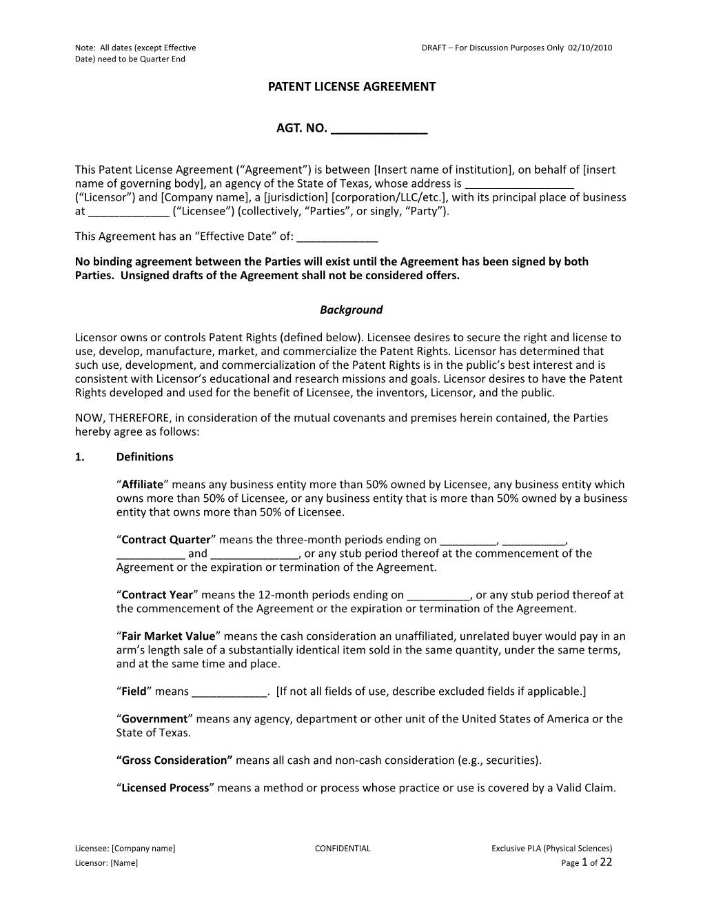 Exclusive Patent License Agreement (Physical Sciences)