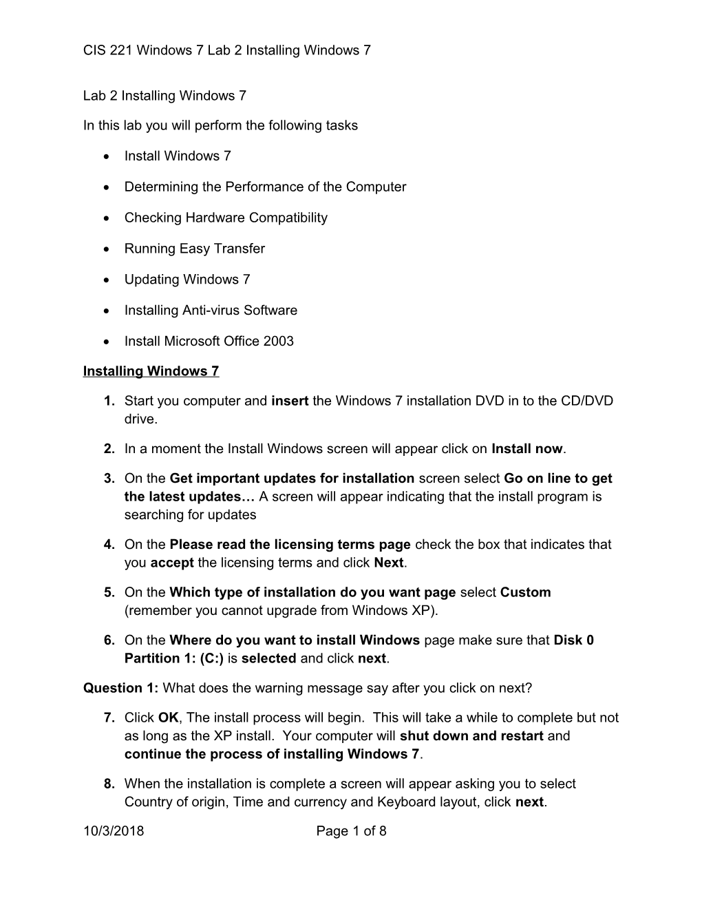 CIS 221 Windows 7 Lab 2 Installing Windows 7
