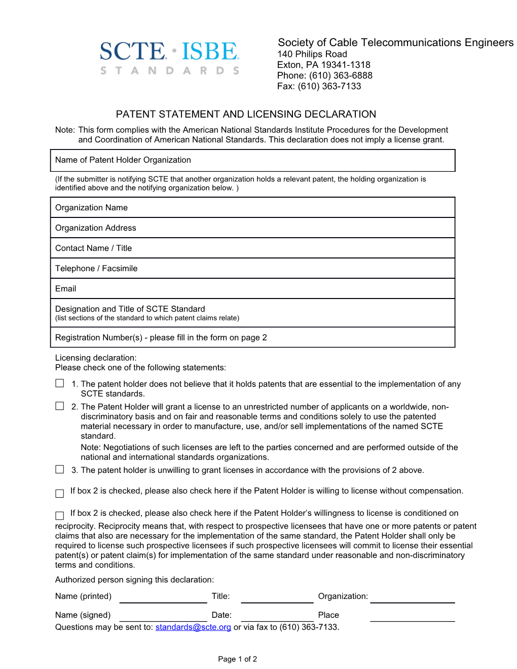 Patent Statement and Licensing Declaration