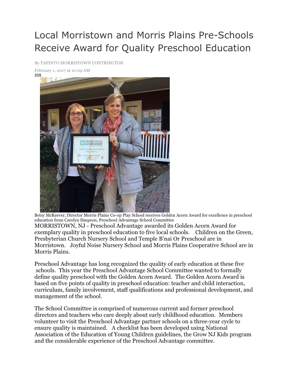 Local Morristown and Morris Plains Pre-Schools Receive Award for Quality Preschool Education