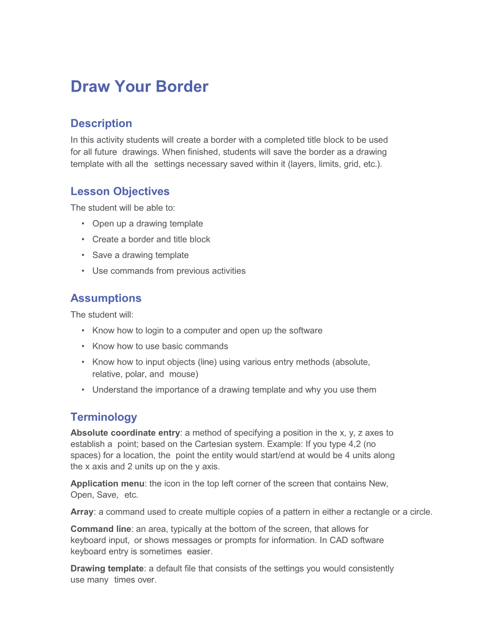 Inthis Activity Students Will Createa Border with Acompleted Title Block Tobe
