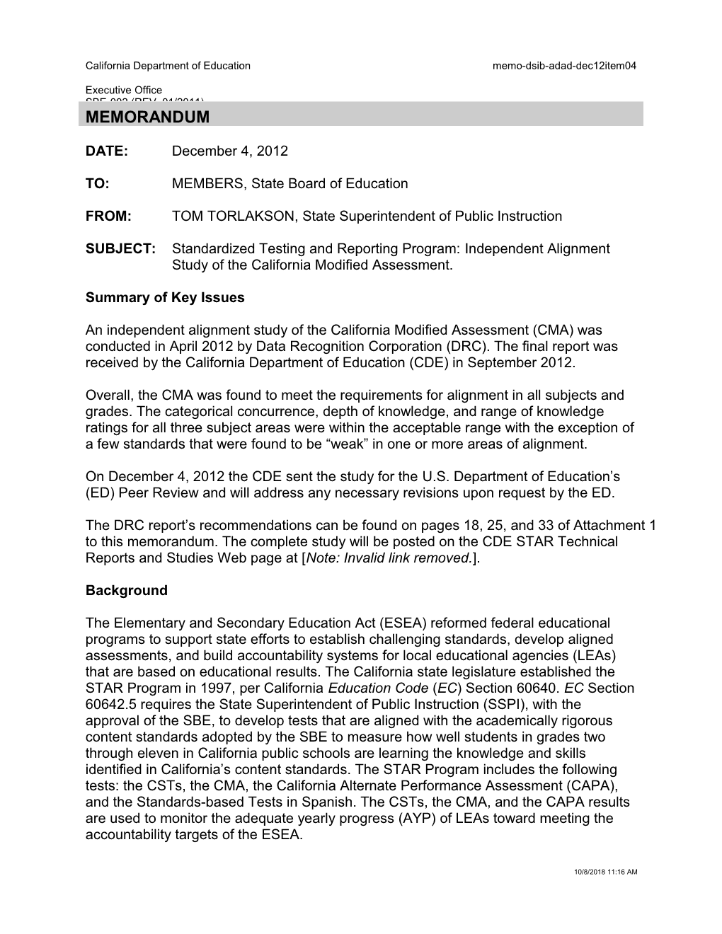 December 2012 Memorandum Item 4 - Information Memorandum (CA State Board of Education)