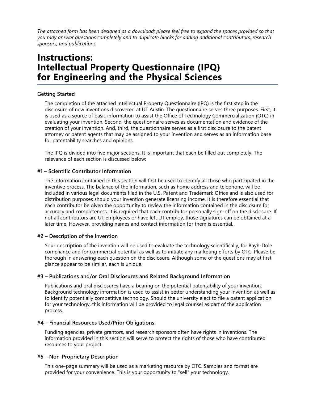 Intellectual Property Questionnaire - Eng/Phys