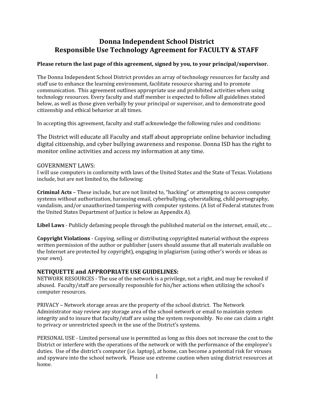 Responsible Use Technology Agreement for FACULTY & STAFF