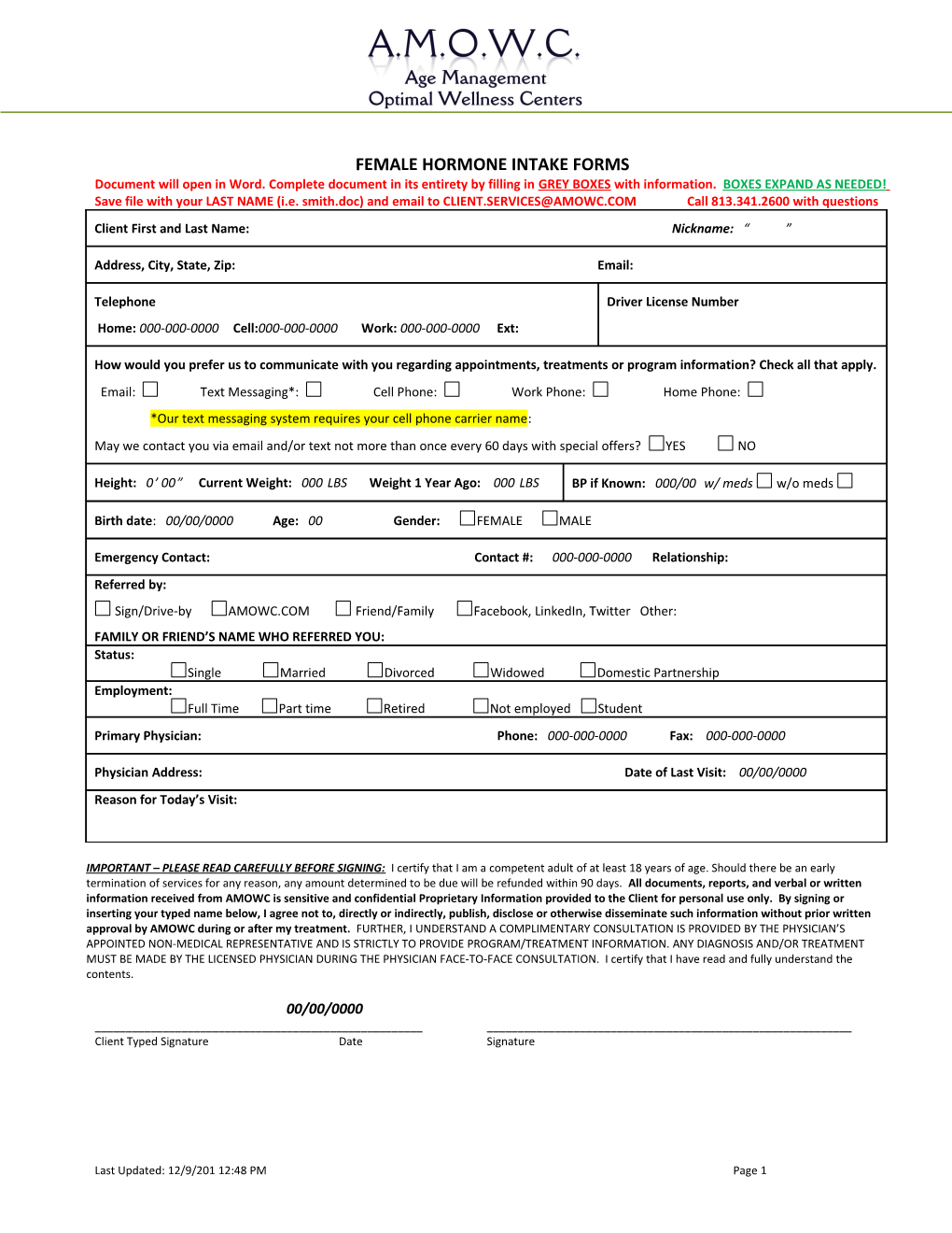 Female Hormone Intake Forms