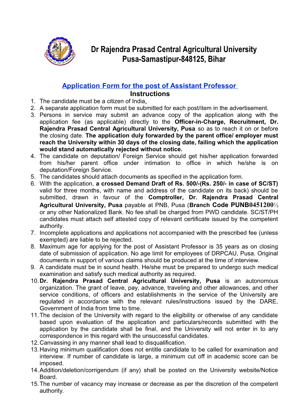 Applicationform for the Post of Assistant Professor