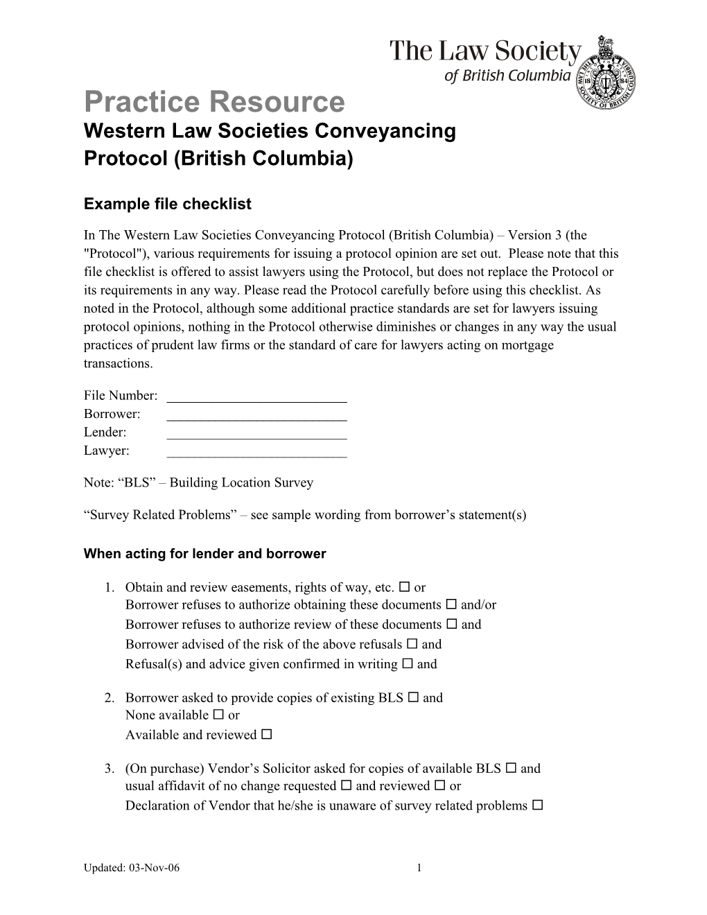 Practice Resource: Western Law Societies Conveyancing Protocol (British Columbia)
