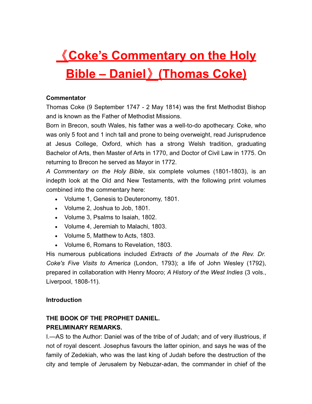 Coke S Commentary on the Holy Bible Daniel (Thomas Coke)