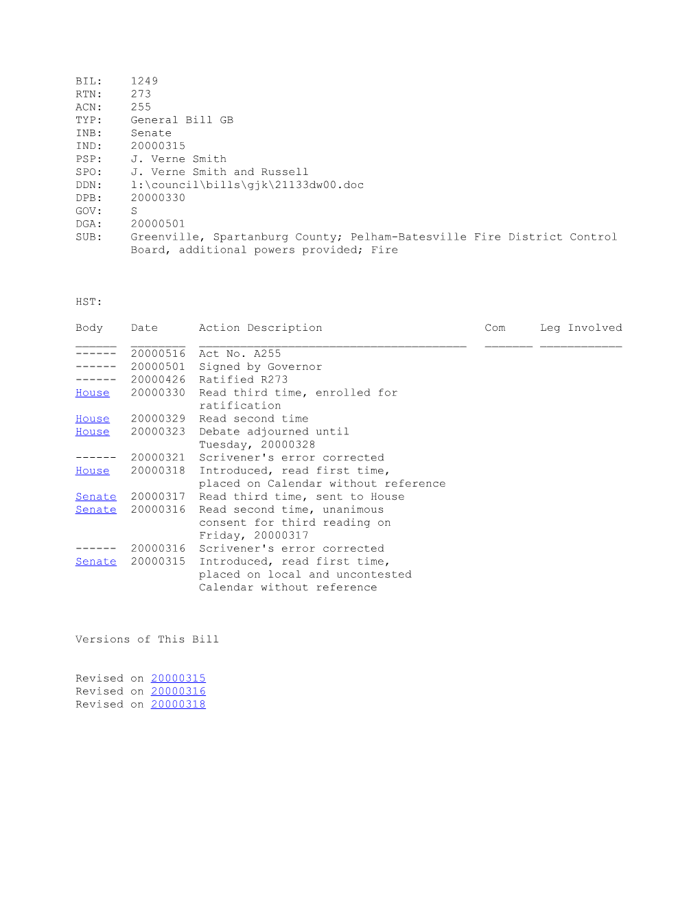 1999-2000 Bill 1249: Greenville, Spartanburg County; Pelham-Batesville Fire District Control