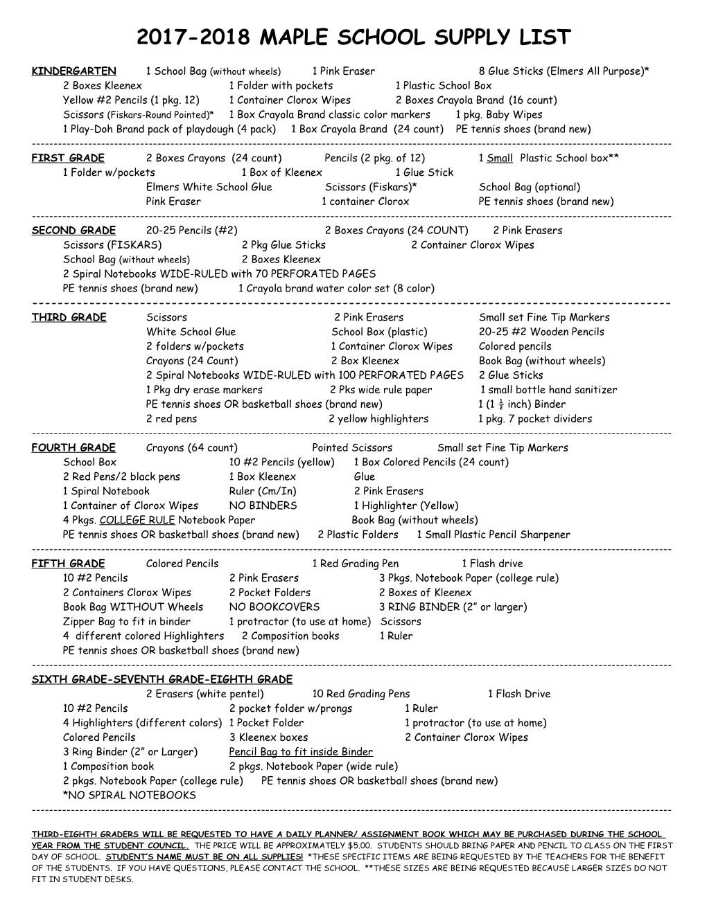 2010-2011 Maple School Supply List