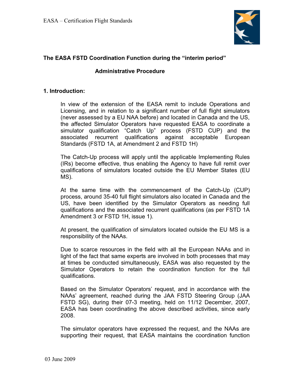 EASA FSTD Coordination Function During the Interim Period