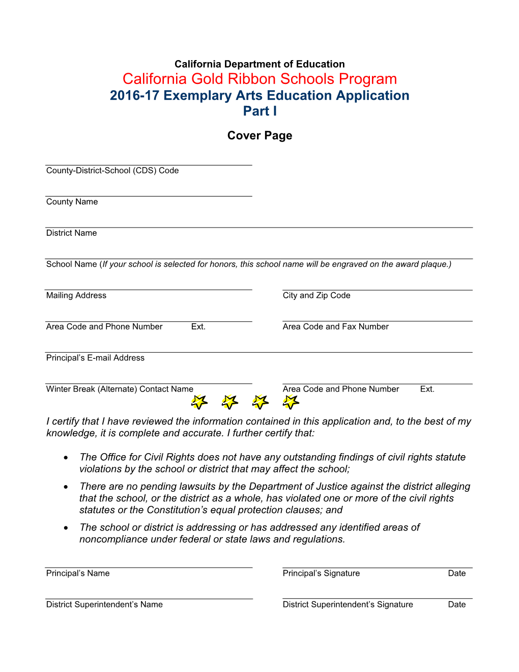 Exemplary Arts Education Application, Part I - California Gold Ribbon Schools Program (CA