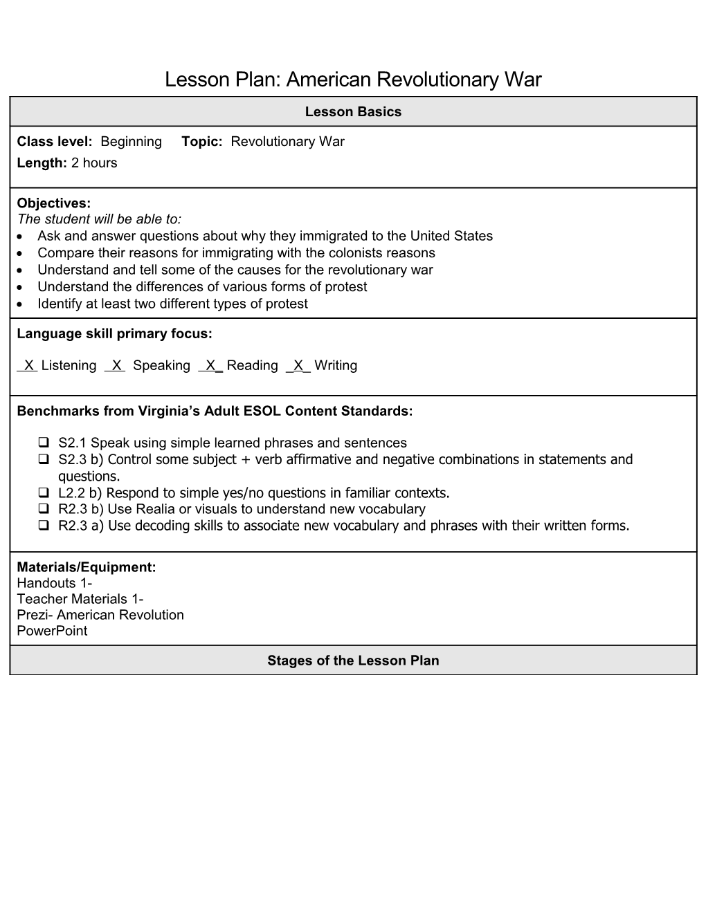 Lesson Plan: American Revolutionary War