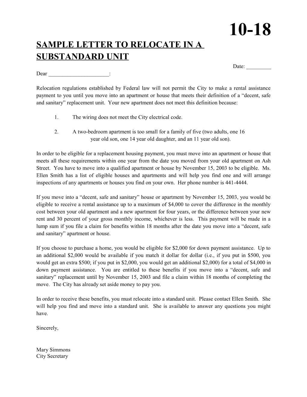 Sample Letter to Relocate in a Substandard Unit