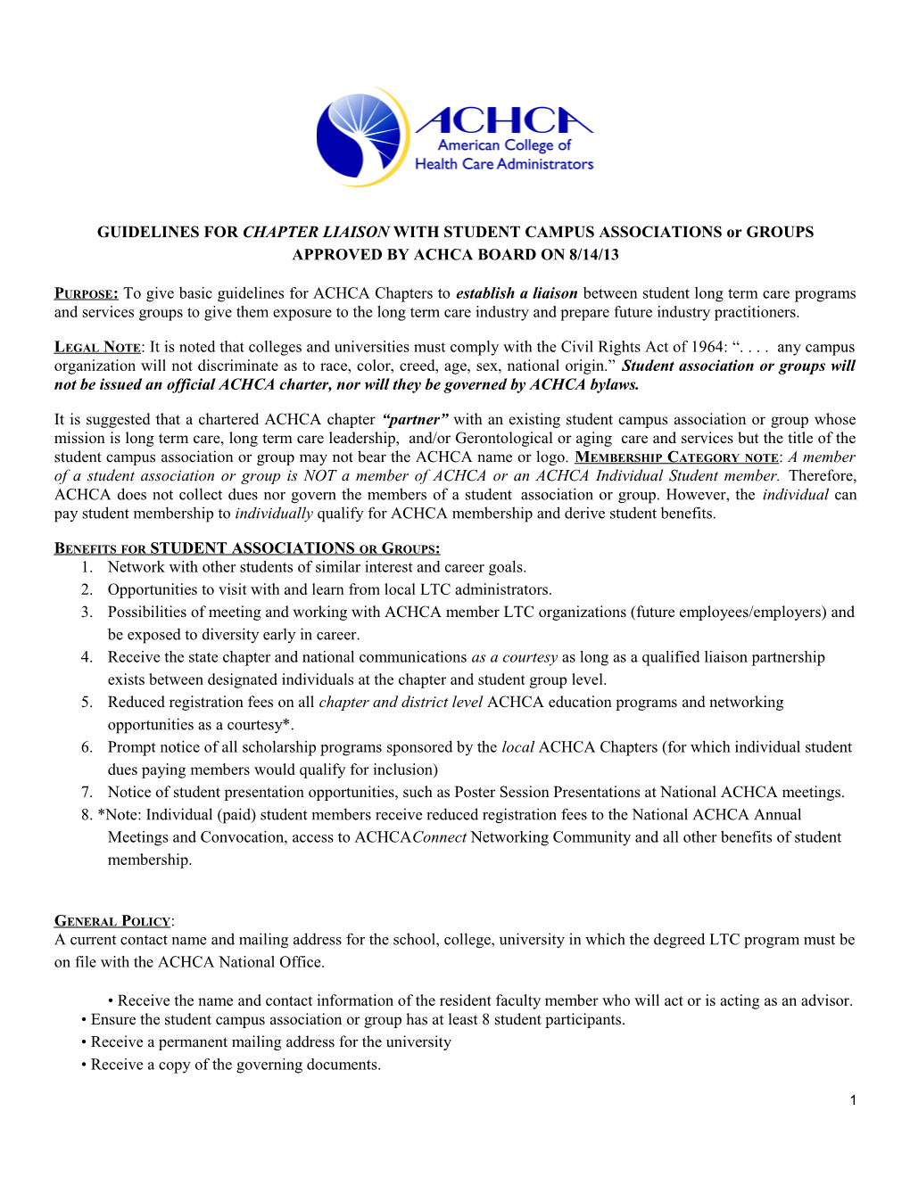 GUIDELINES for CHAPTER LIAISON with STUDENT CAMPUS ASSOCIATIONS Or GROUPS APPROVED BY