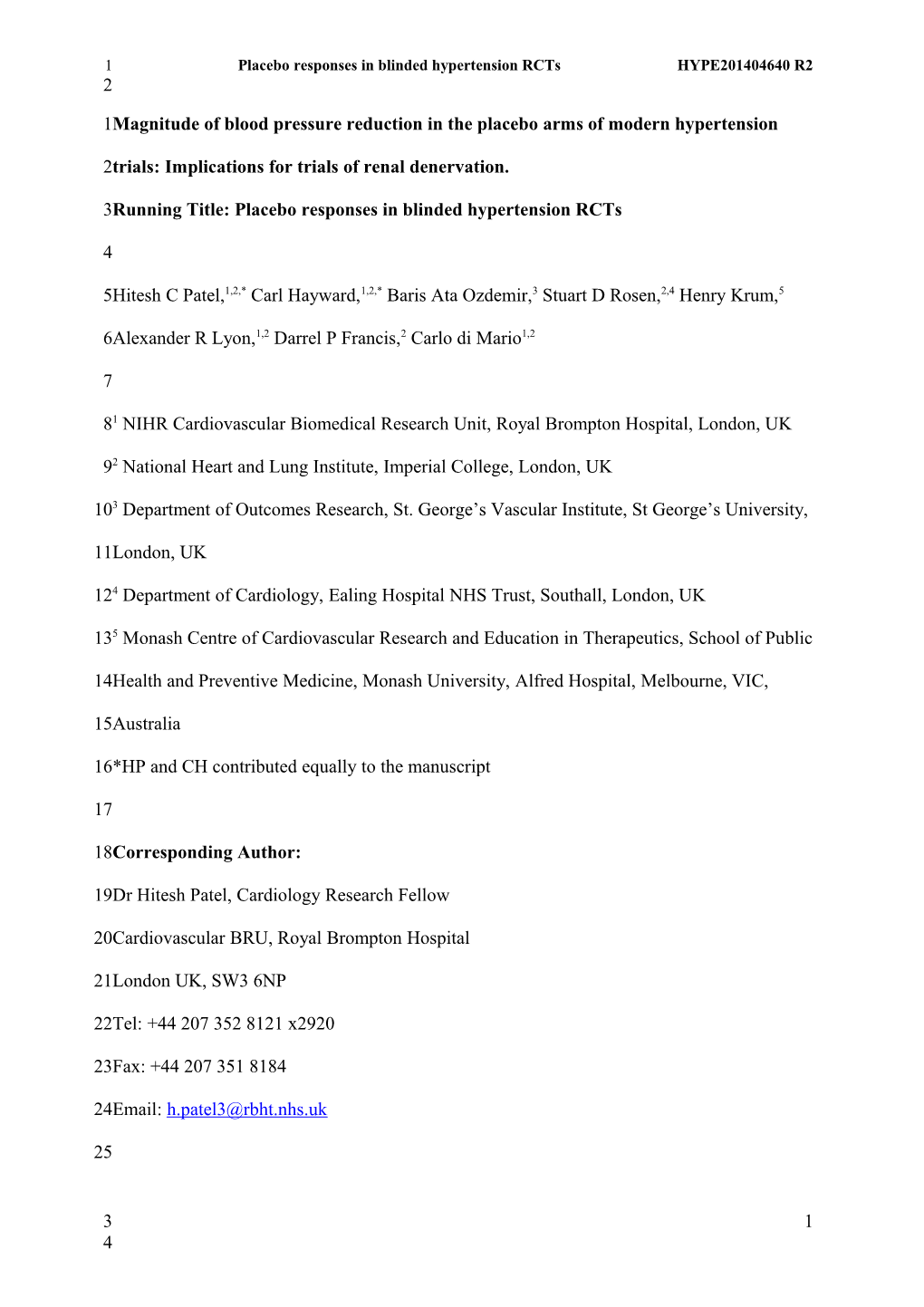 Placebo Responses in Blinded Hypertension Rcts HYPE201404640 R2