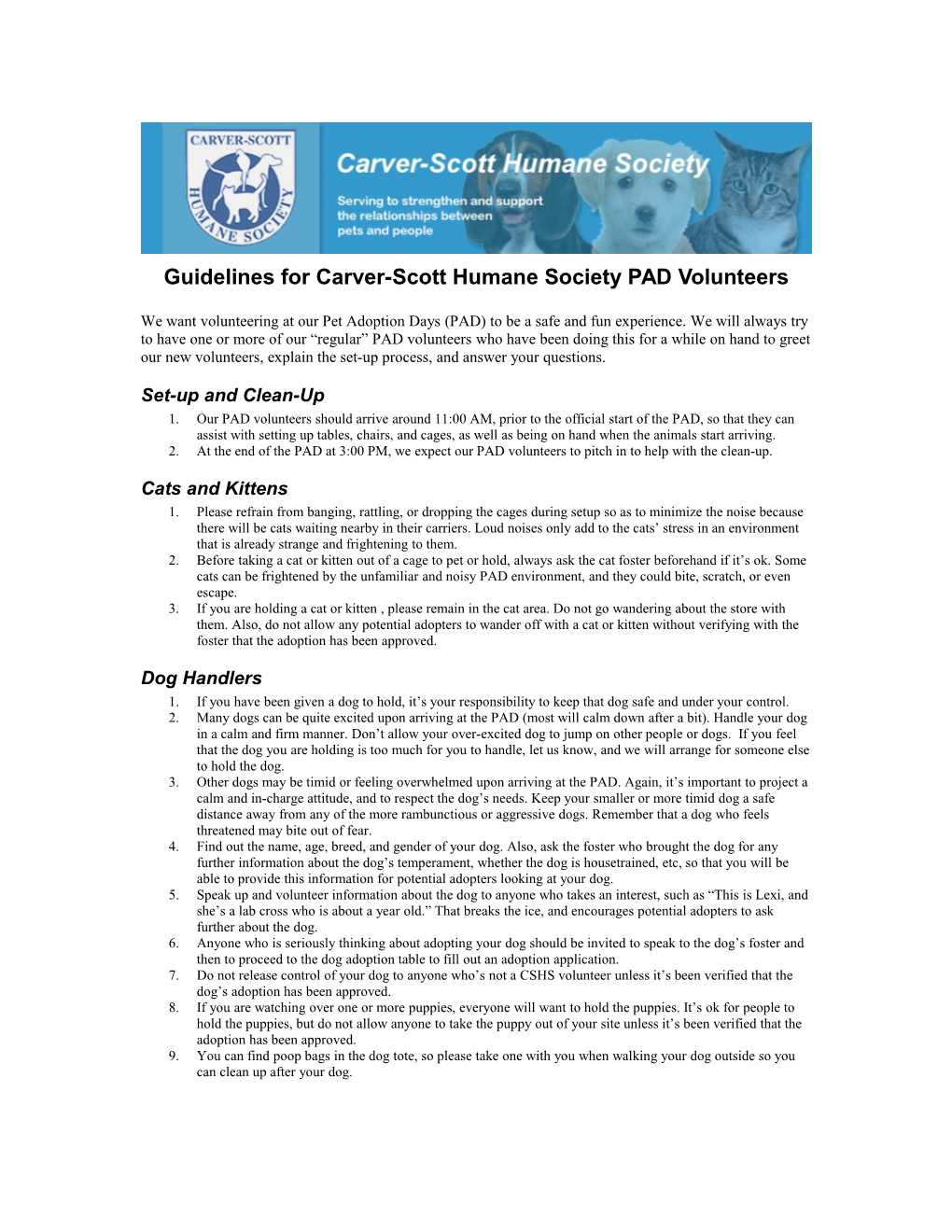 Guidelines for Carver-Scott Humane Society PAD Volunteers
