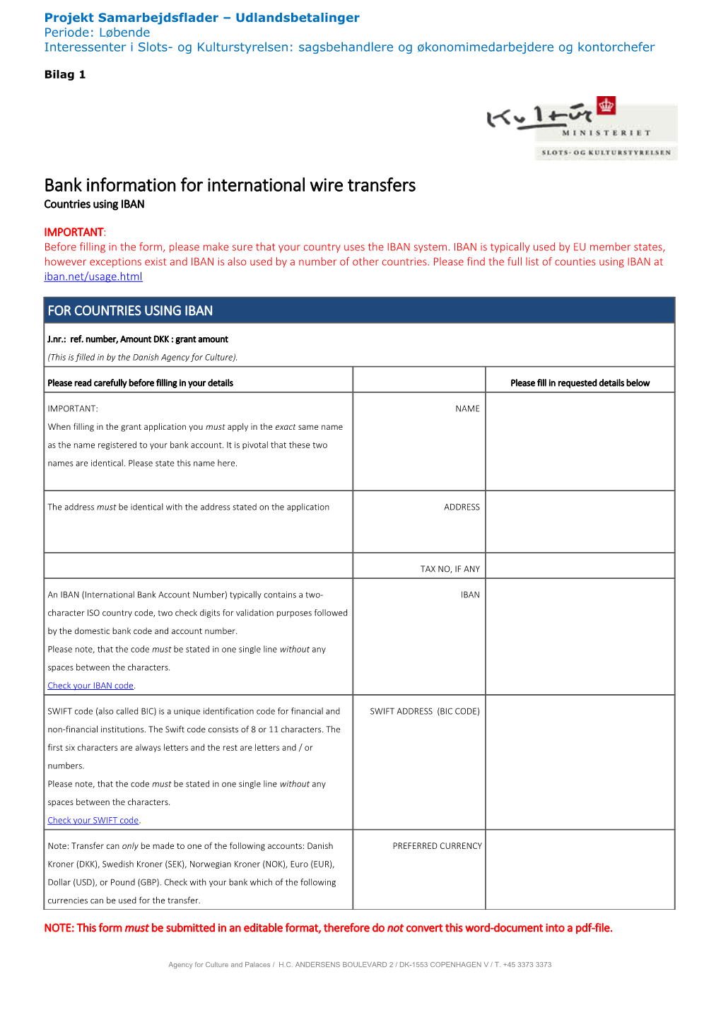 Bank Information for International Wire Transfers