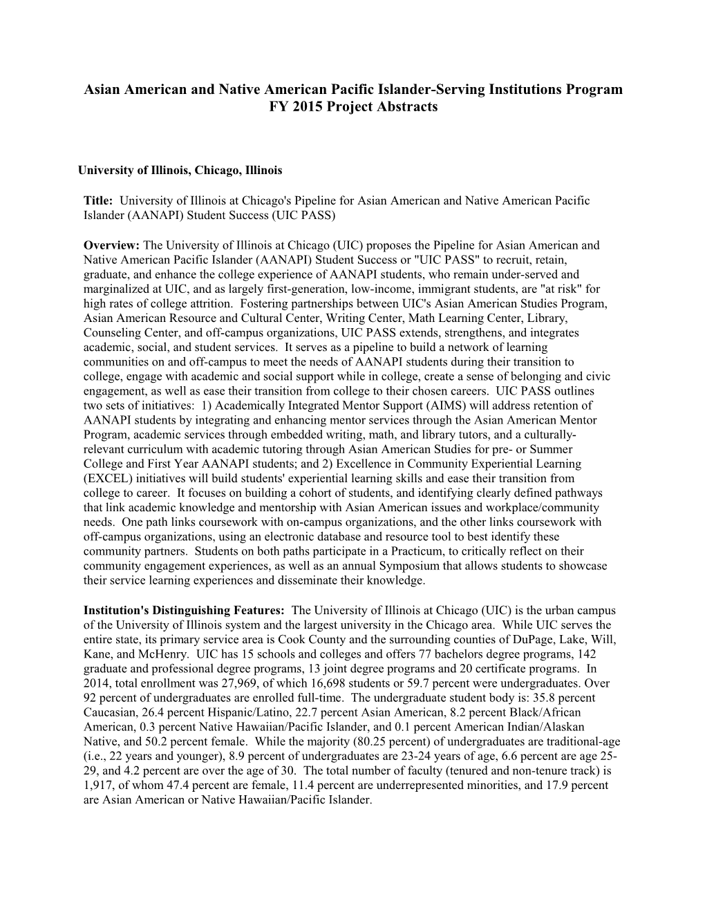 FY 2015 Project Abstracts Under the Asian American and Native American Pacific Islander-Serving