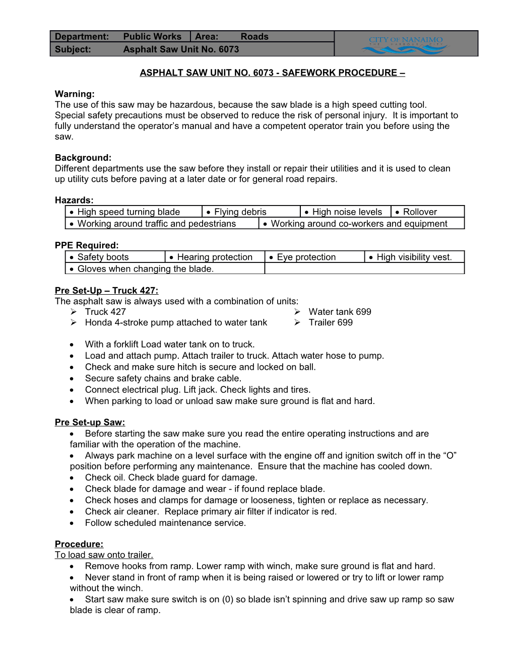 Asphalt Saw Unit No. 6073 - Safework Procedure