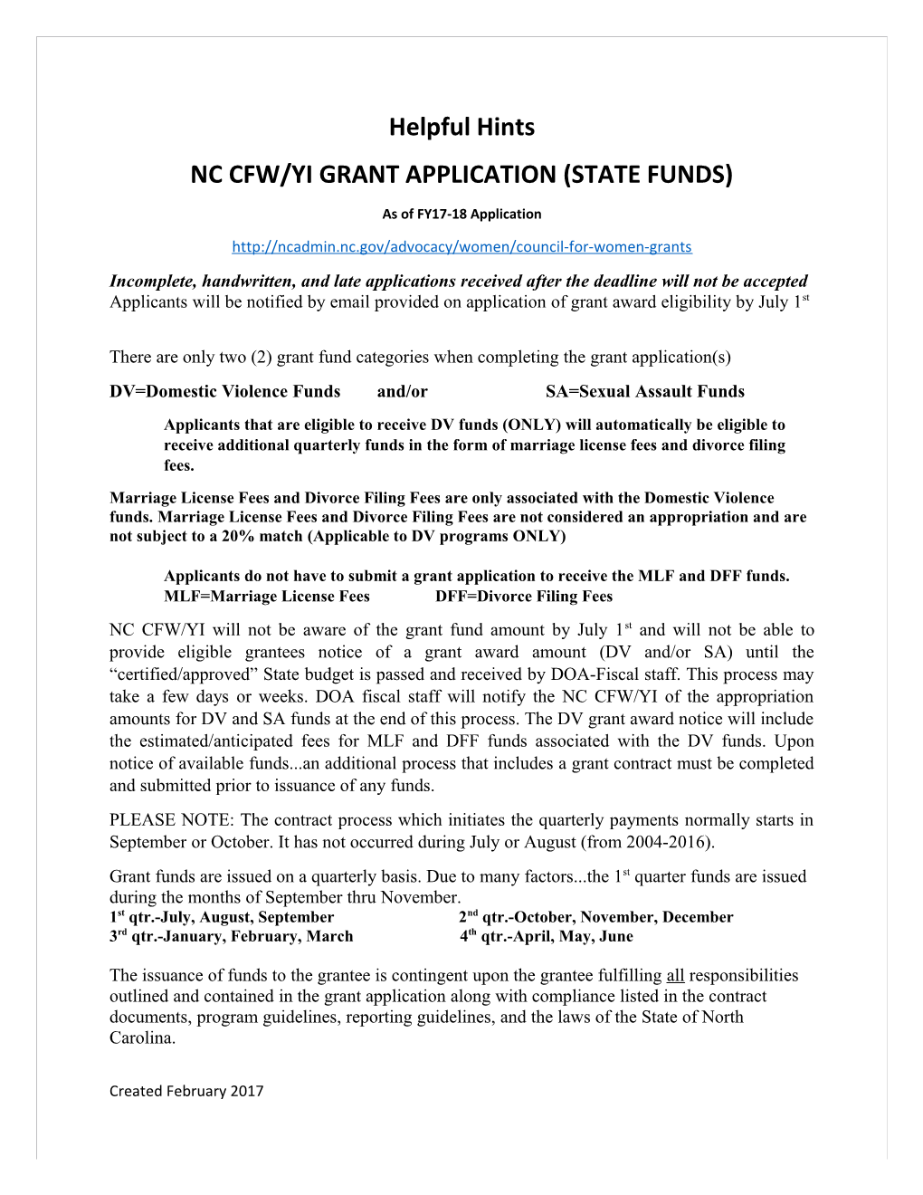 Nc Cfw/Yi Grant Application (State Funds)