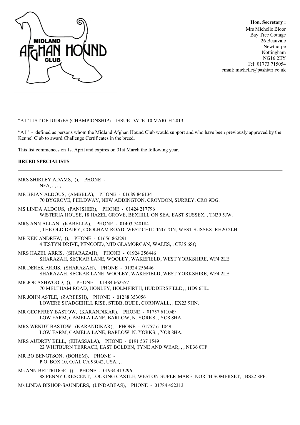 A1 List of Judges (Championship) : Issue Date 20 April 1998