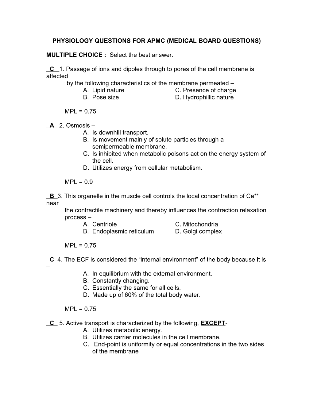 Physiology Questions for Apmc (Medical Board Questions)