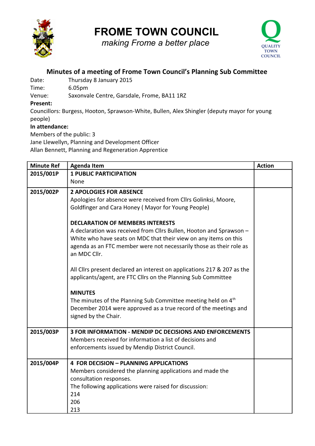 Minutes of a Meeting of Frome Town Council S Planning Sub Committee