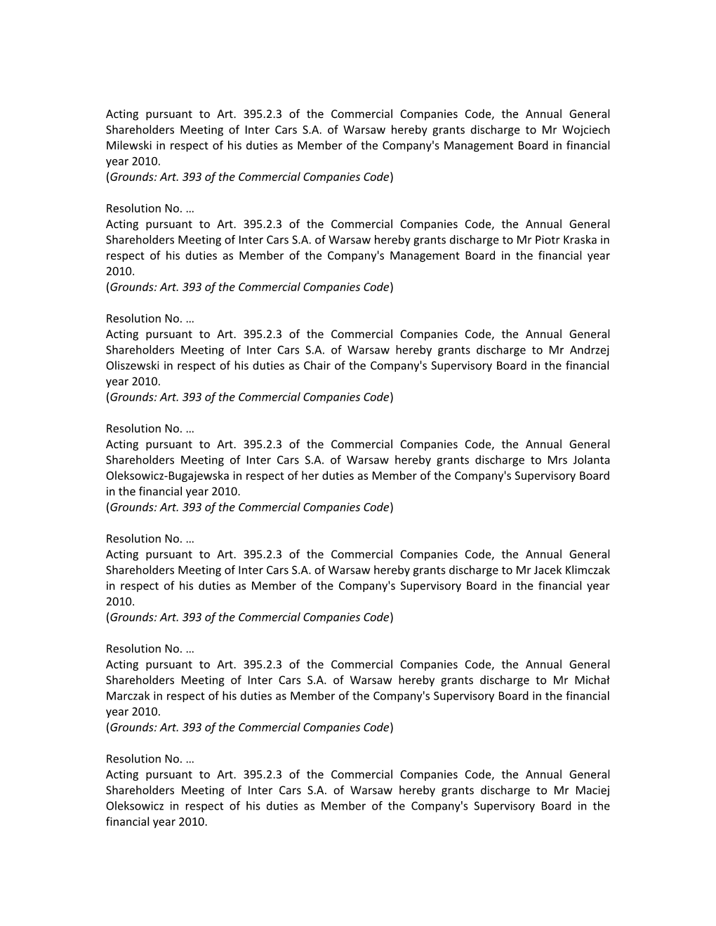 Draft Resolutions of the Annual General Shareholders Meeting to Be Held on May 11Th 2011