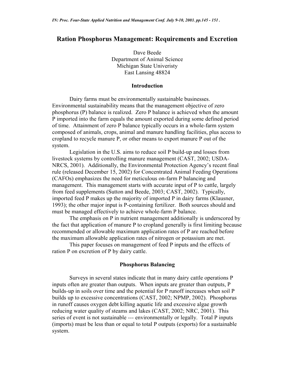 Ration Phosphorus Management: Requirements and Excretion