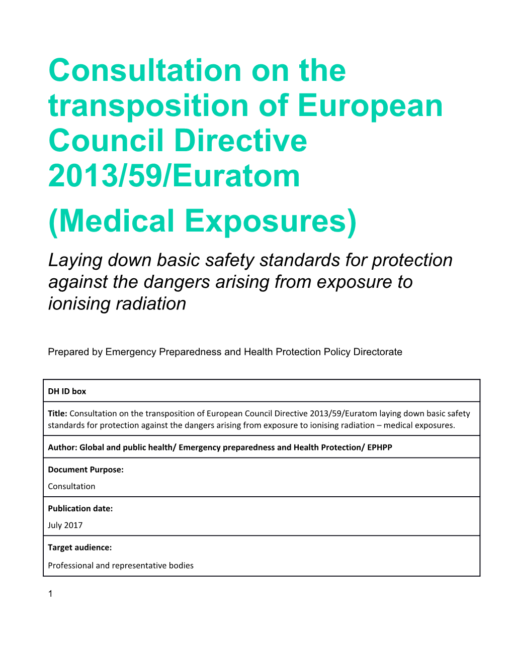 Consultation on the Transposition of European Council Directive 2013/59/Euratom