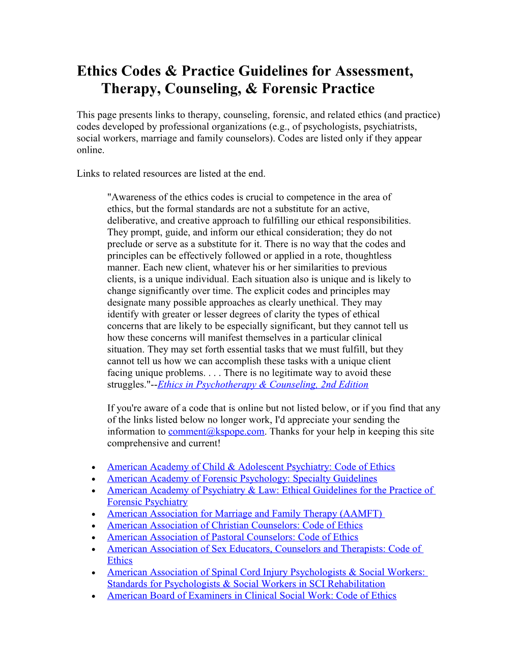 Ethics Codes & Practice Guidelines for Assessment, Therapy, Counseling, & Forensic Practice