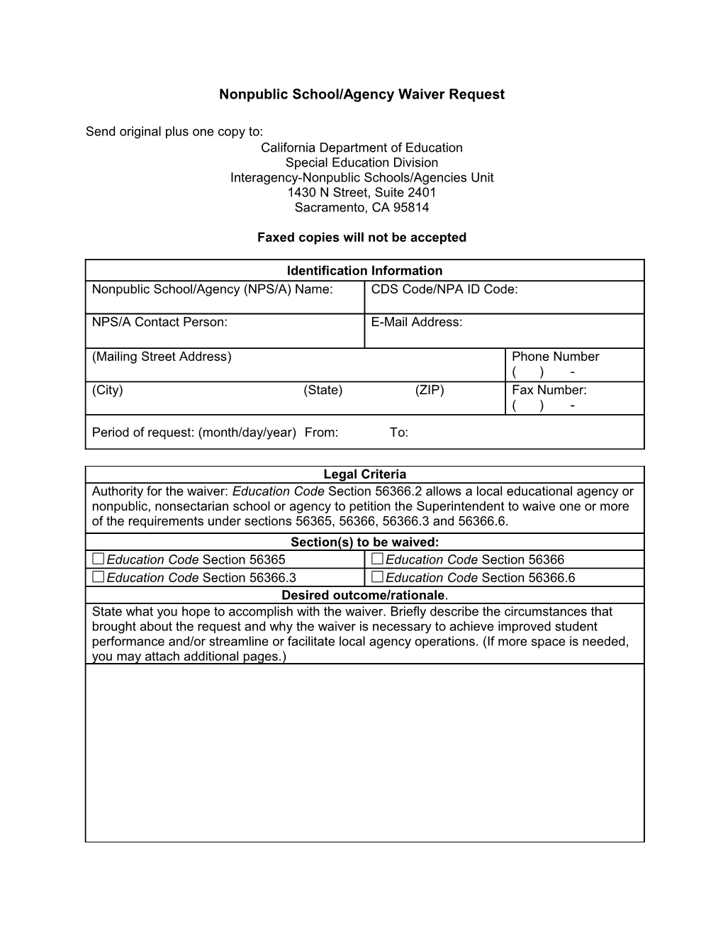 Nonpublic School/Agency Waiver Request - Data Collection & Reporting (CA Dept of Education)