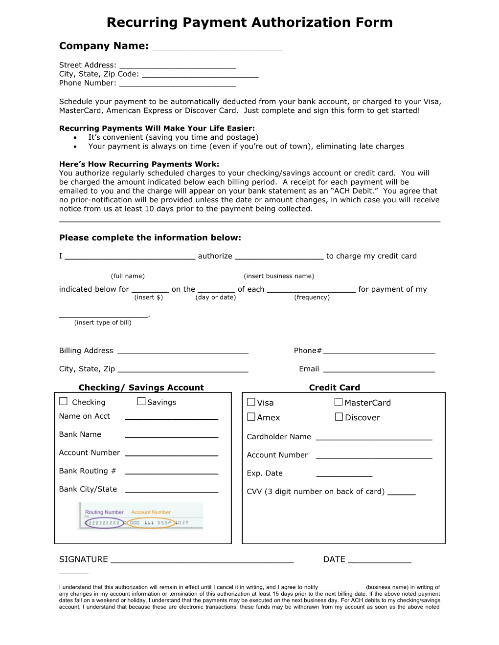 Recurring Payment Authorization Form ACH Or Credit Card Payment