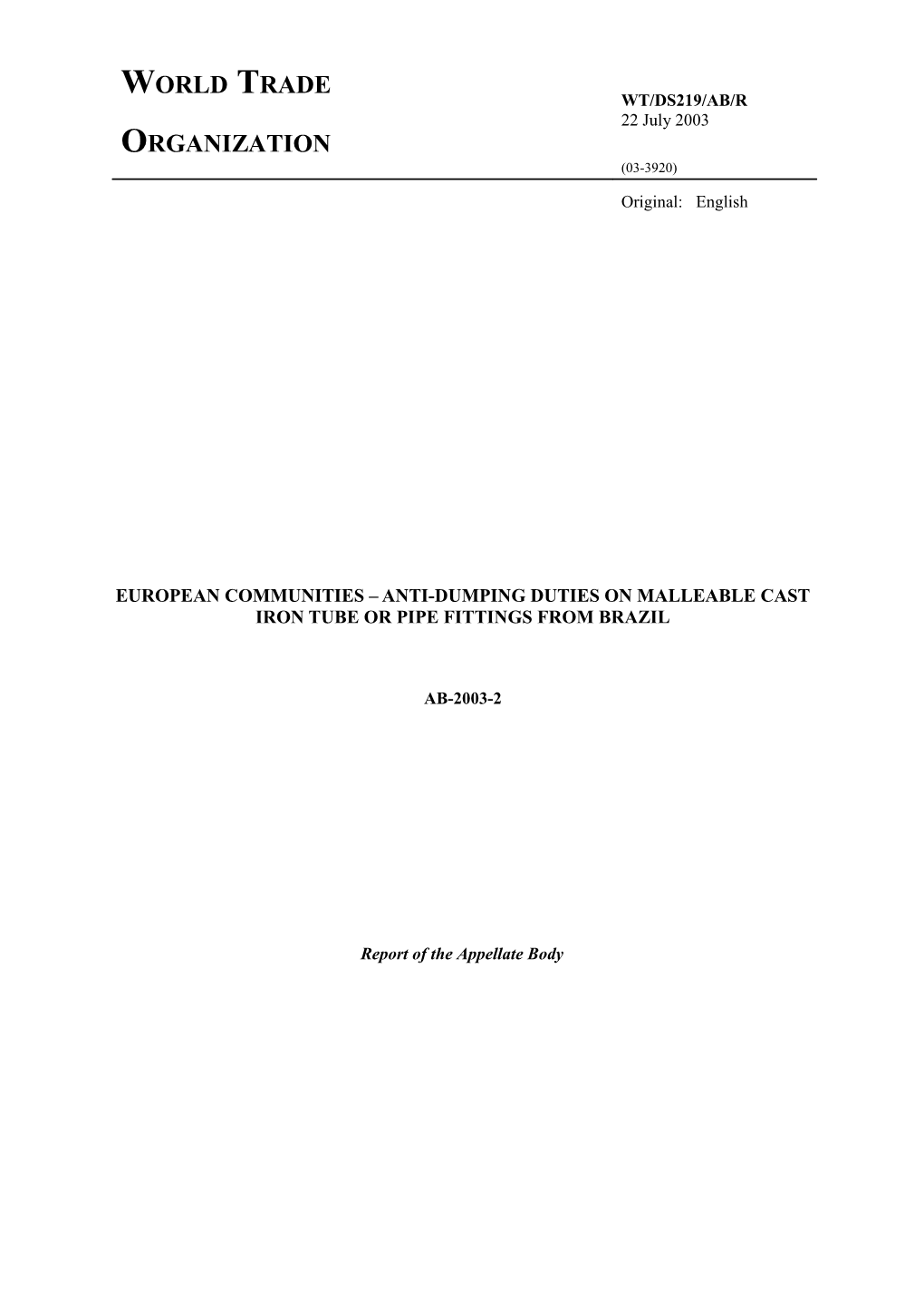 European Communities Anti-Dumping Duties on Malleable Cast Iron Tube Or Pipe Fittings