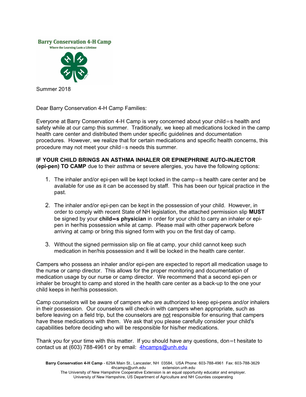 Dear Barry Conservation 4-H Camp Families