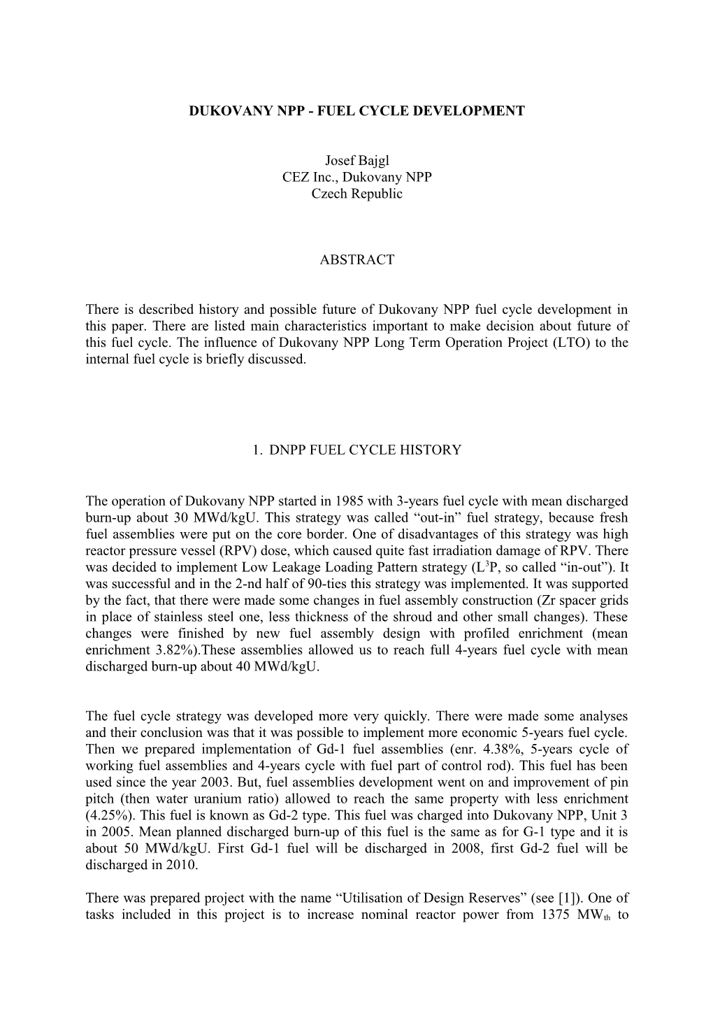 Dukovany Npp Fuel Cycle Benchmark Definition
