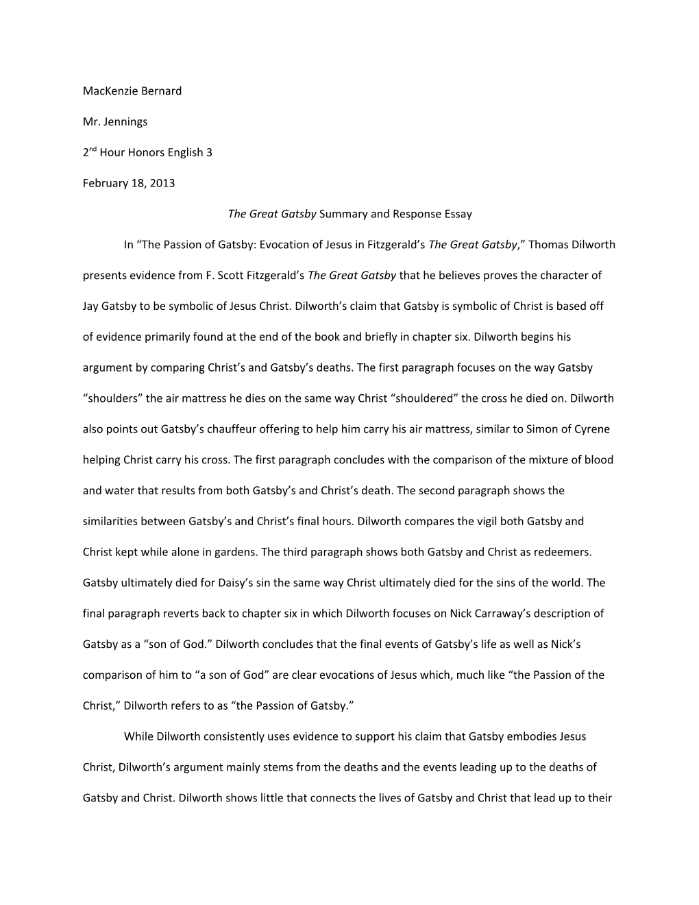 The Great Gatsby Summary and Response Essay