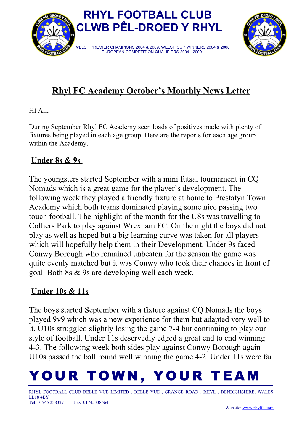 Rhyl Fcacademy October S Monthly News Letter