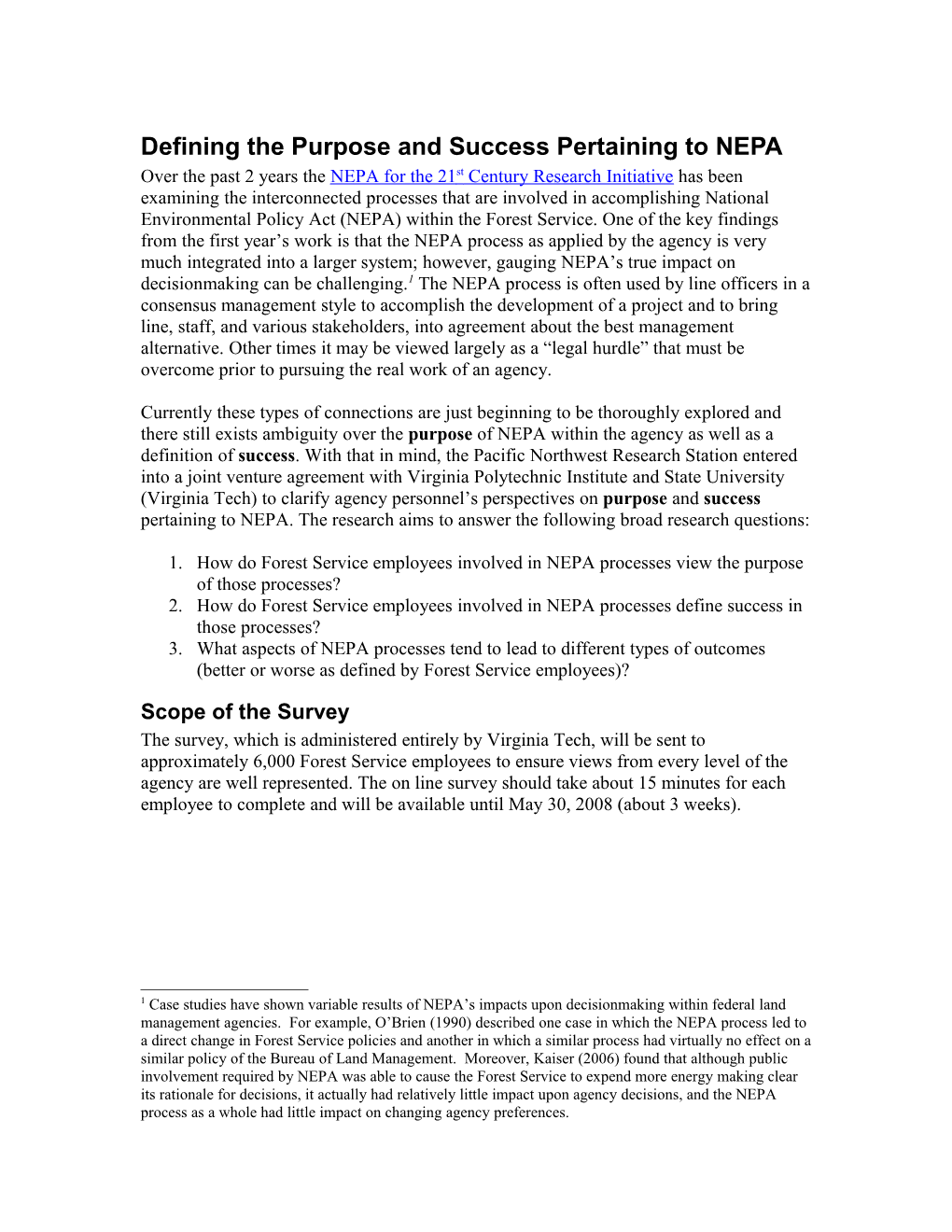 Defining the Purpose and Success Pertaining to NEPA