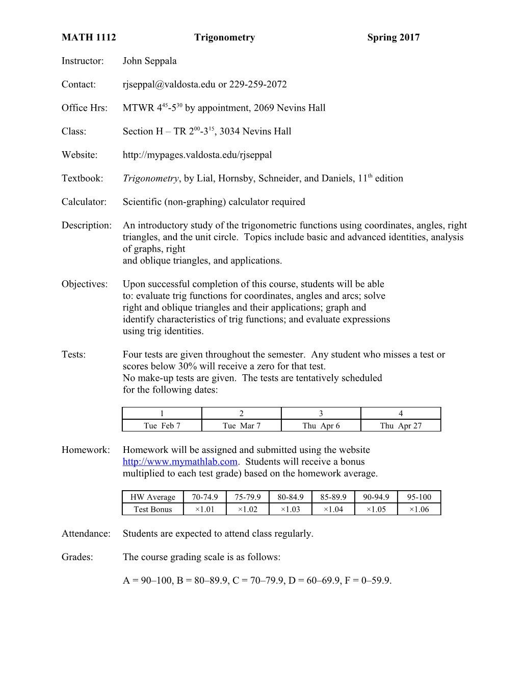 MATH 1112 J Syllabus Fall 2013