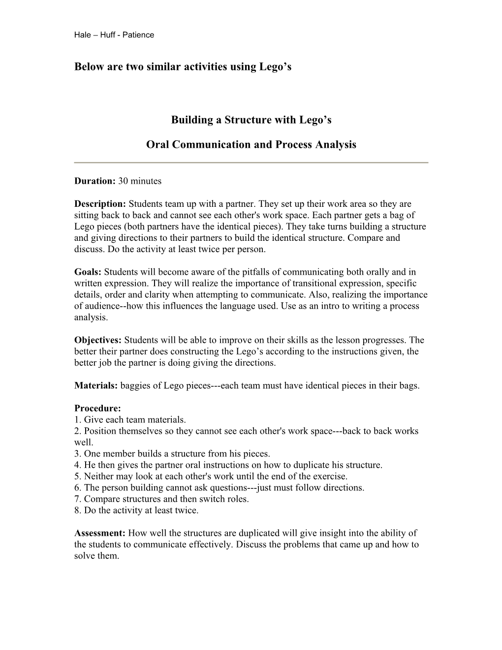 Building a Structure with Legos: Oral Communication and Process Analysis