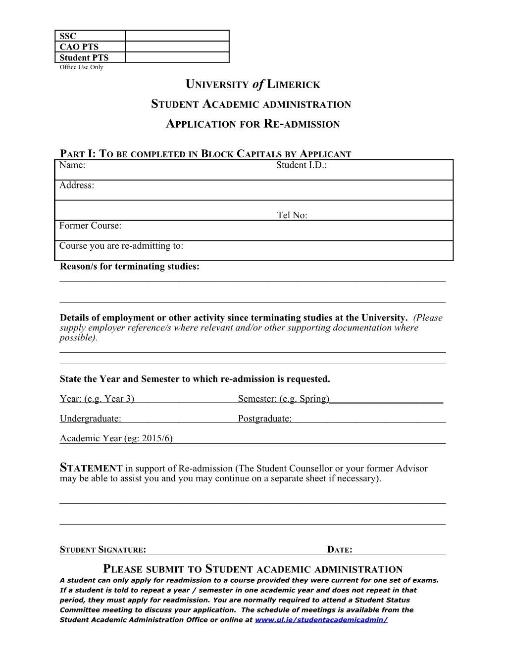 Application for Re-Admission