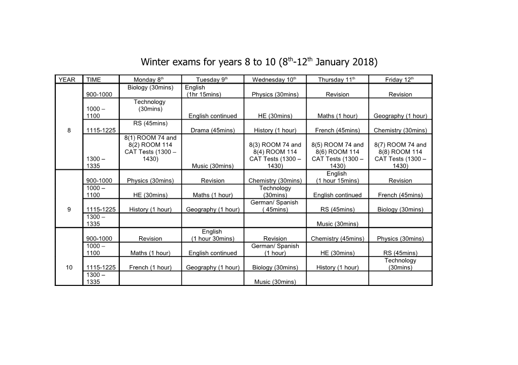 Winter Exams for Years 8 to 10(8Th-12Th January 2018)